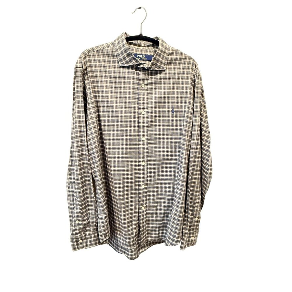 Polo Ralph Lauren Mens Plaid Long-Sleeve Button-Down Shirt Gray/Blue Cotton Size